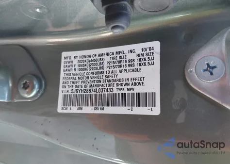 2004 Honda Element Ex из США, поврежденный, VIN 5J6YH28674L037433